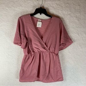 NORDSTROM COZY‎ ROZY NEW PINK ELASTIC Waist V Neck BOHO SHIRT Size L NWT 5652